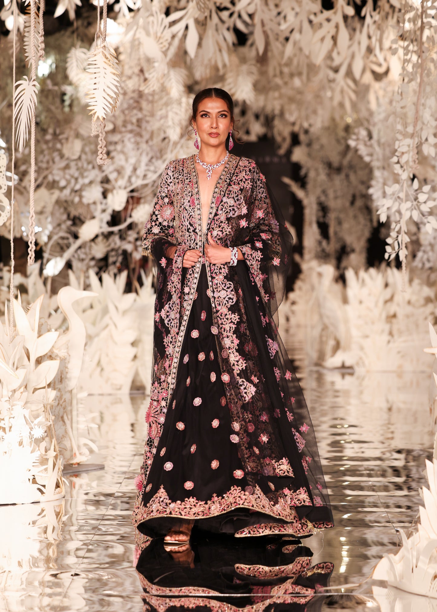 Floral Embroidered Long Jacket and Lehenga Set