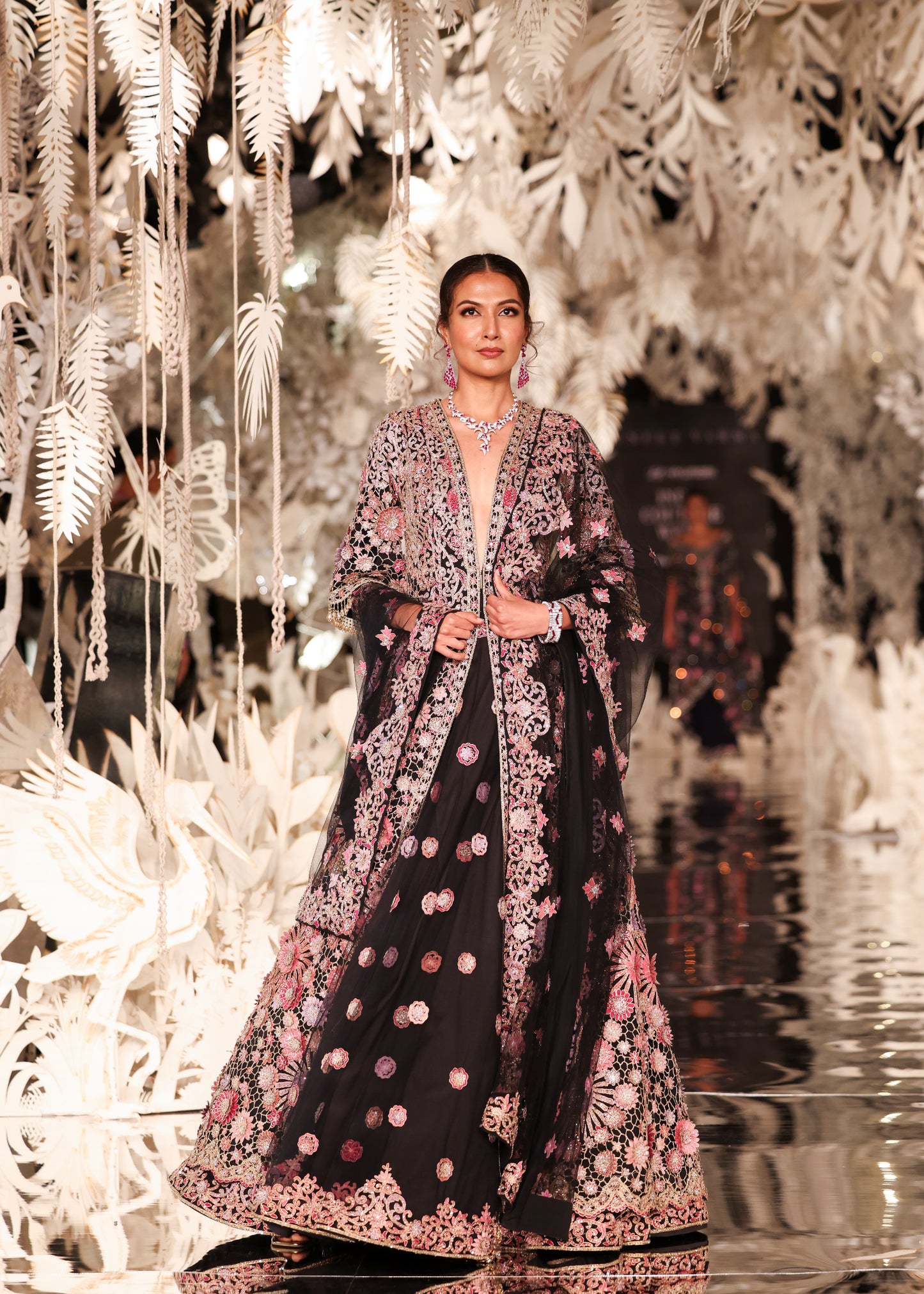 Floral Embroidered Long Jacket and Lehenga Set