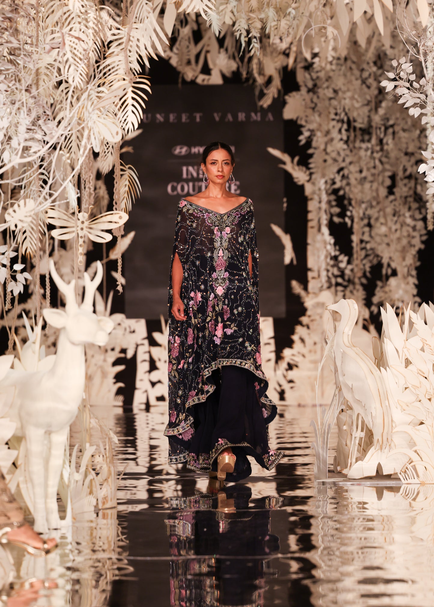 Floral Embroidered Cape Kurta with Tiered Sharara