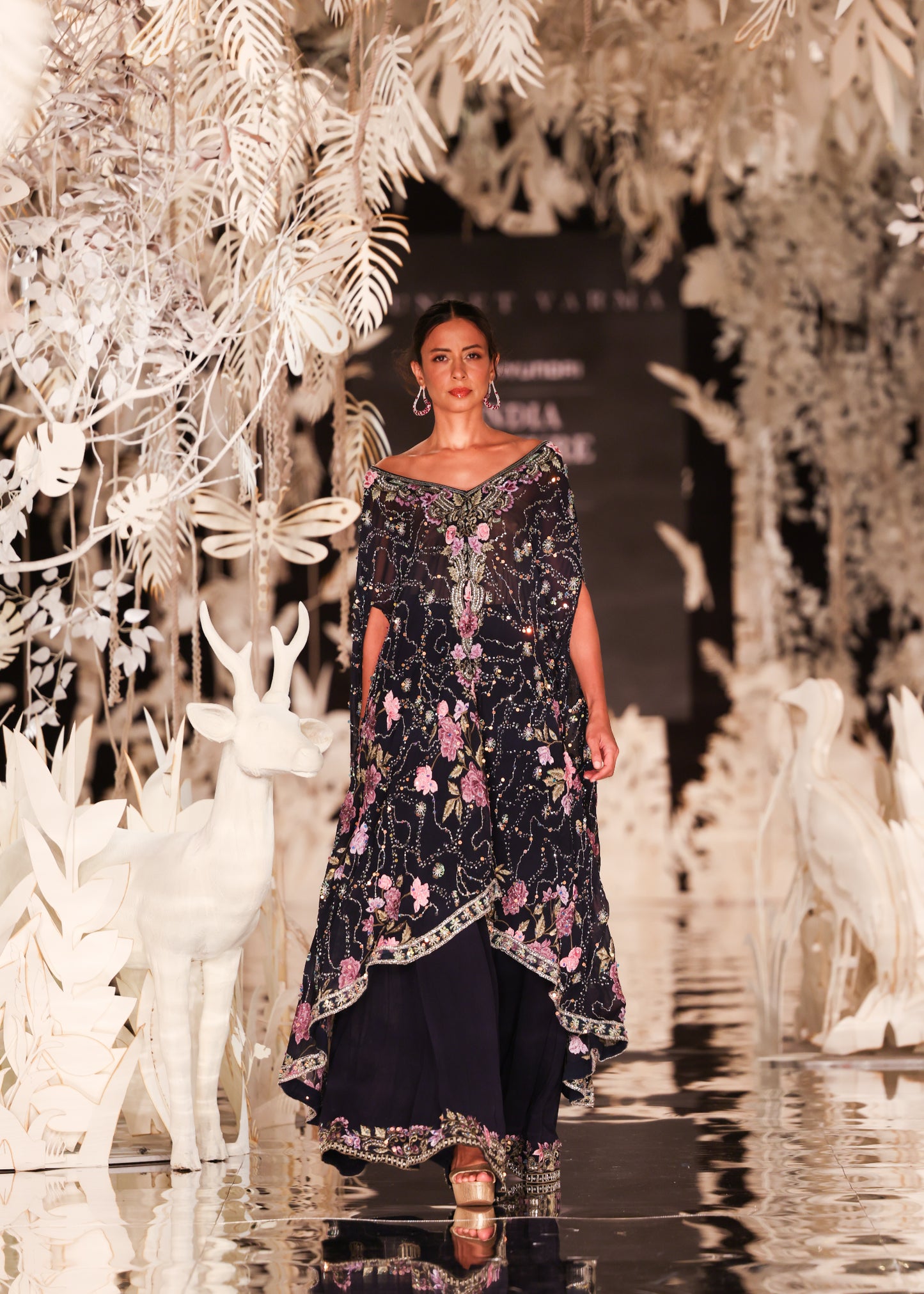 Floral Embroidered Cape Kurta with Tiered Sharara