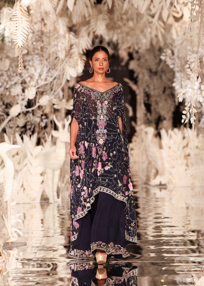 Floral Embroidered Cape Kurta with Tiered Sharara