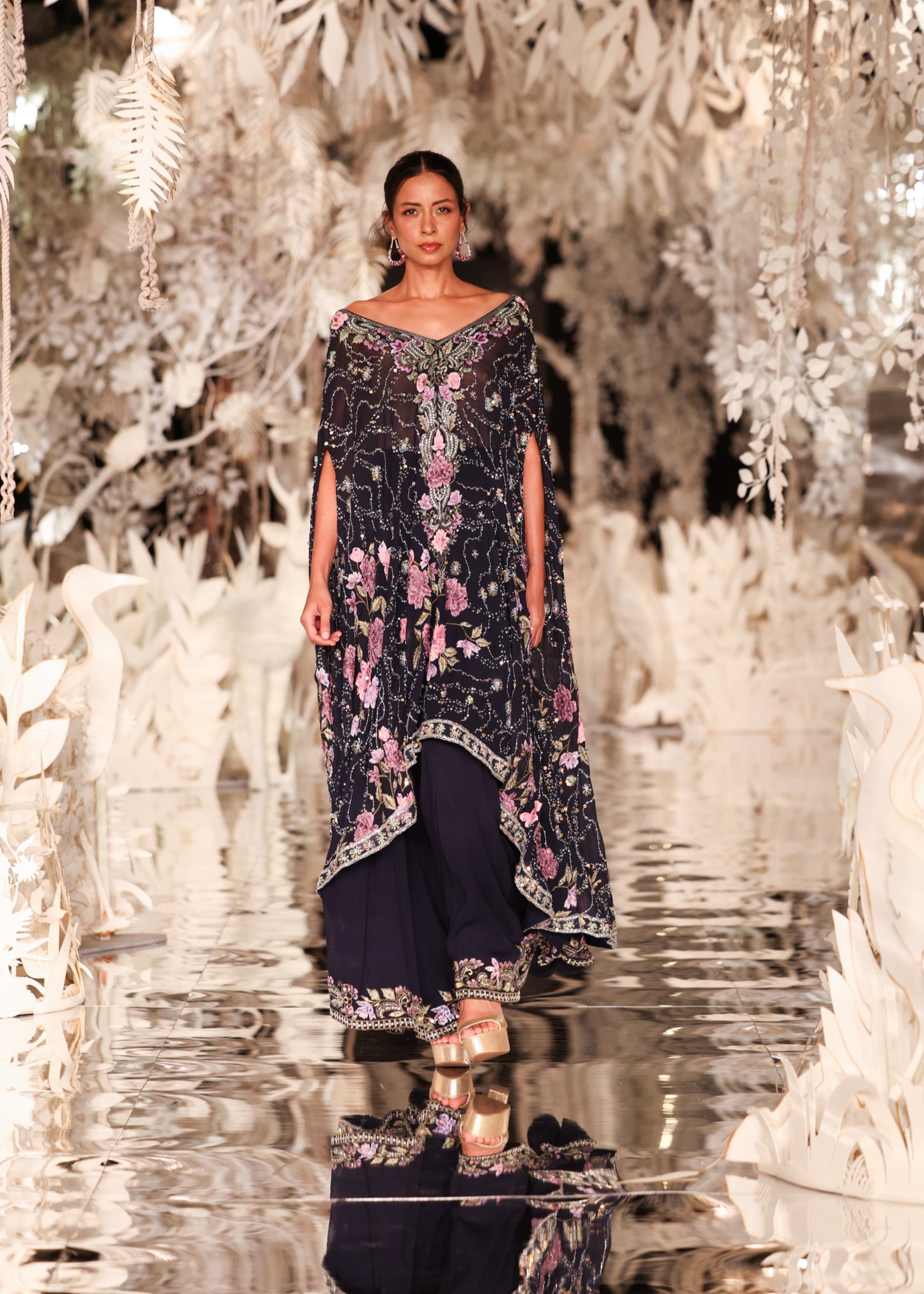 Floral Embroidered Cape Kurta with Tiered Sharara
