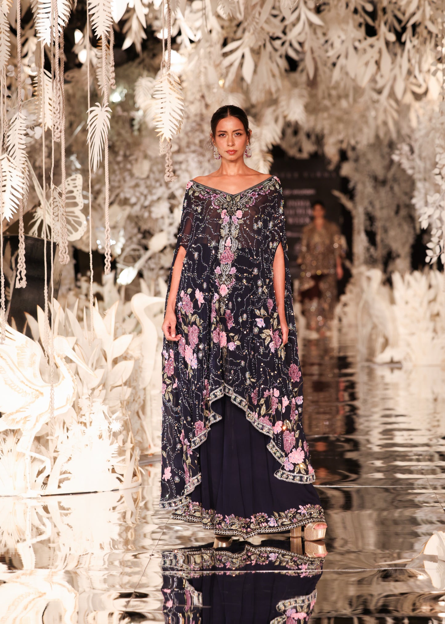 Floral Embroidered Cape Kurta with Tiered Sharara