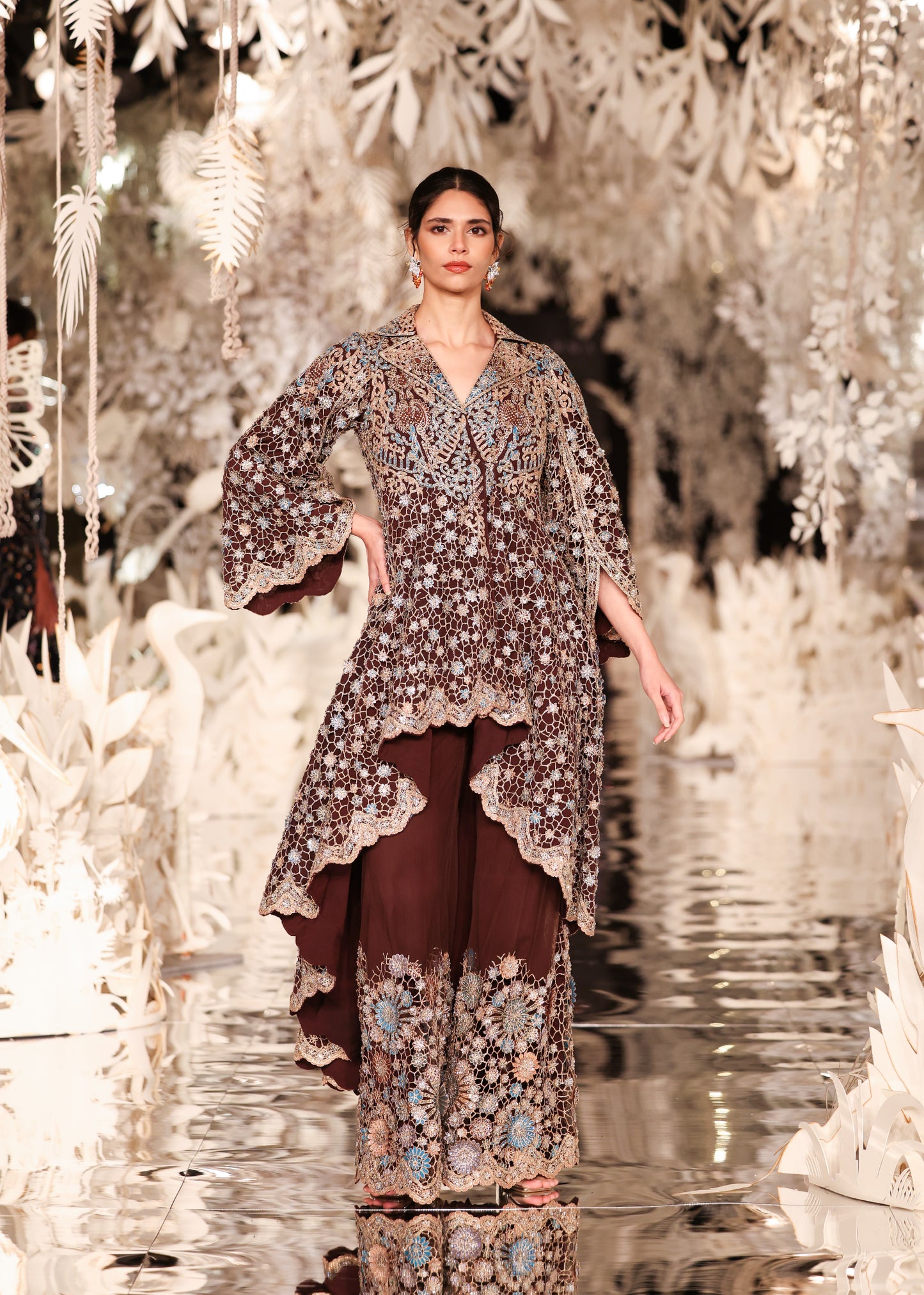 High-Low Embroidered Jacket with Pants