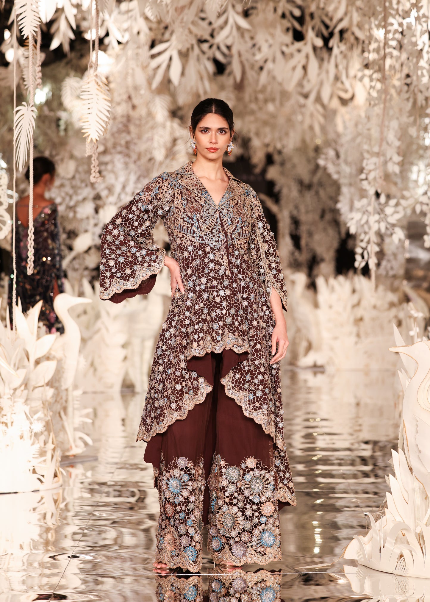High-Low Embroidered Jacket with Pants