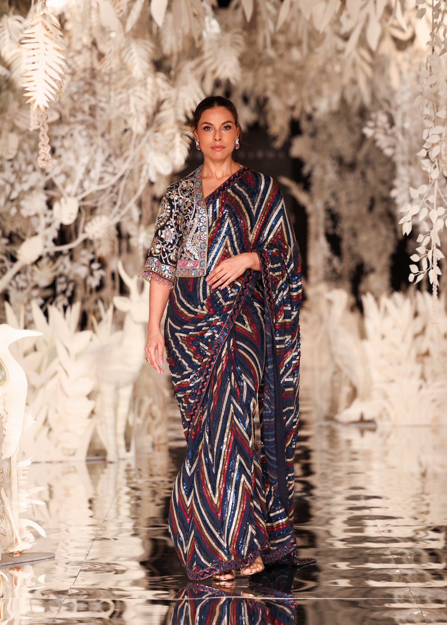 Sequined Striped Saree with Embroidered Cropped Jacket