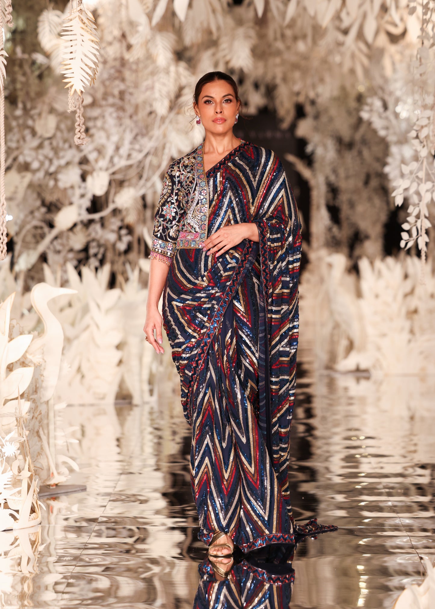 Sequined Striped Saree with Embroidered Cropped Jacket