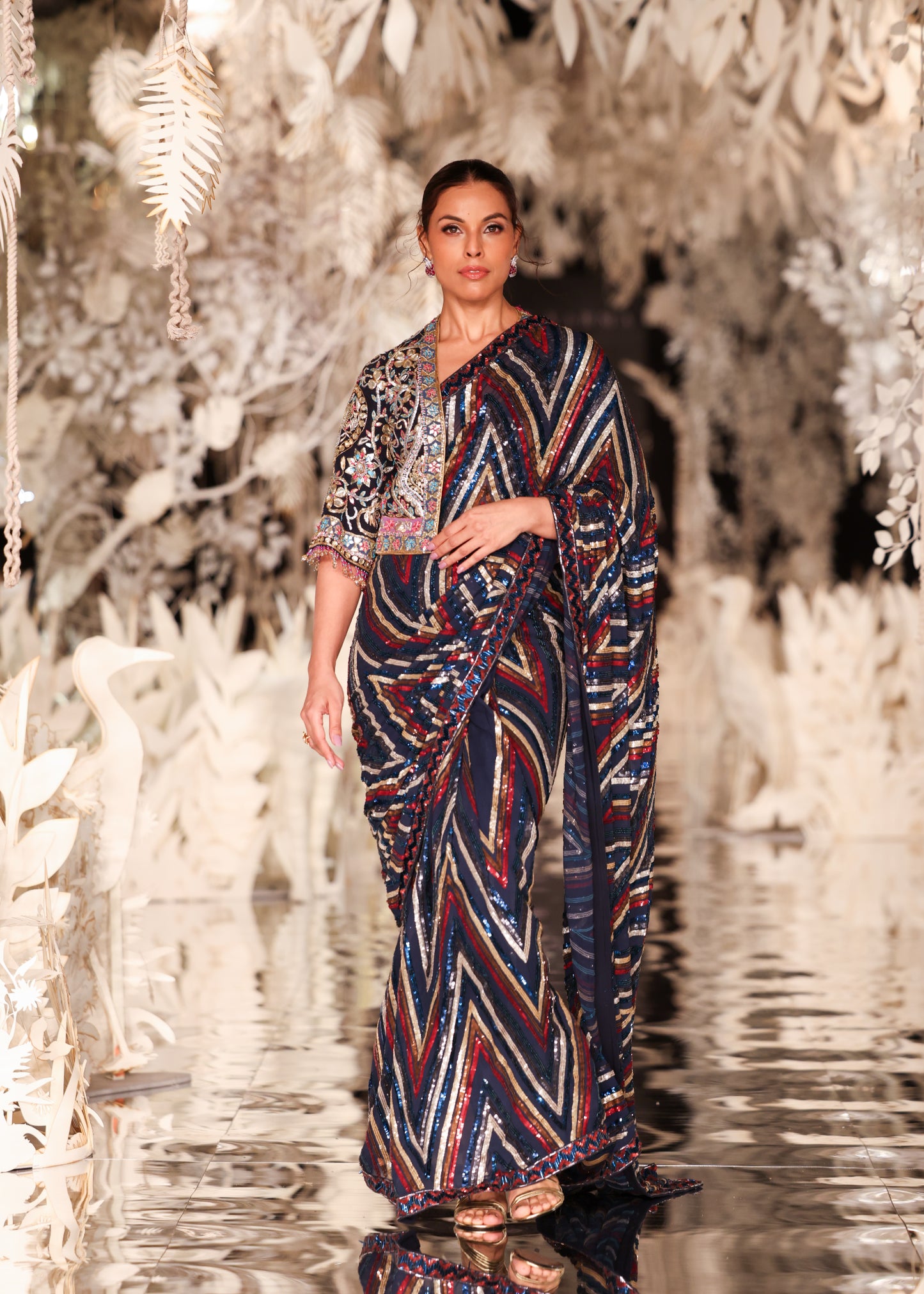 Sequined Striped Saree with Embroidered Cropped Jacket