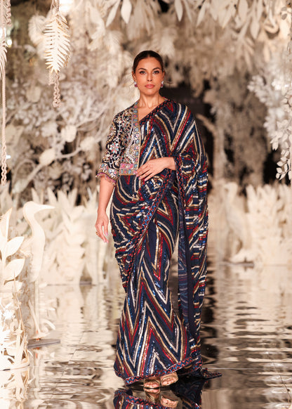 Sequined Striped Saree with Embroidered Cropped Jacket