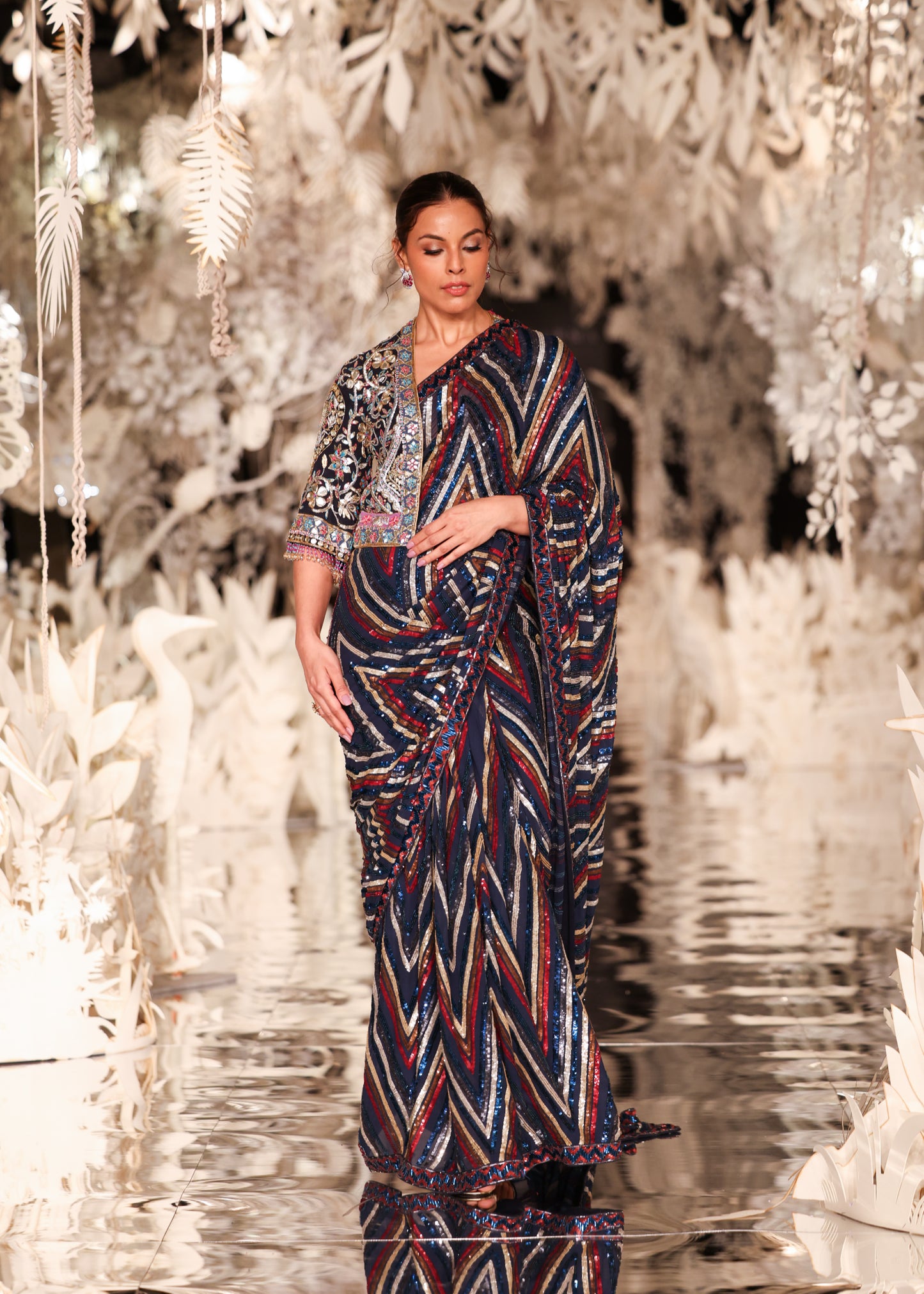 Sequined Striped Saree with Embroidered Cropped Jacket