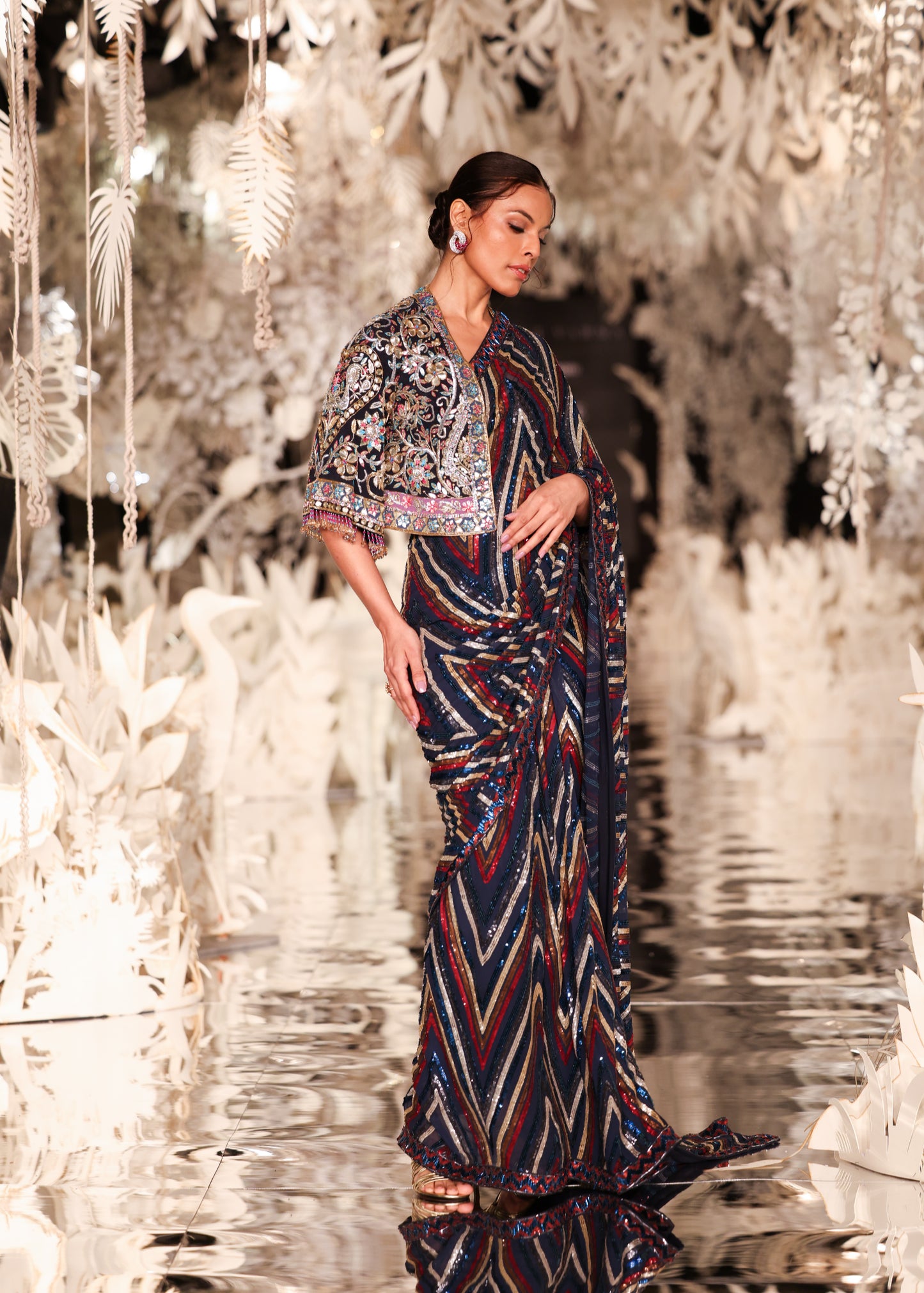 Sequined Striped Saree with Embroidered Cropped Jacket