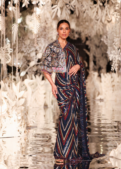 Sequined Striped Saree with Embroidered Cropped Jacket