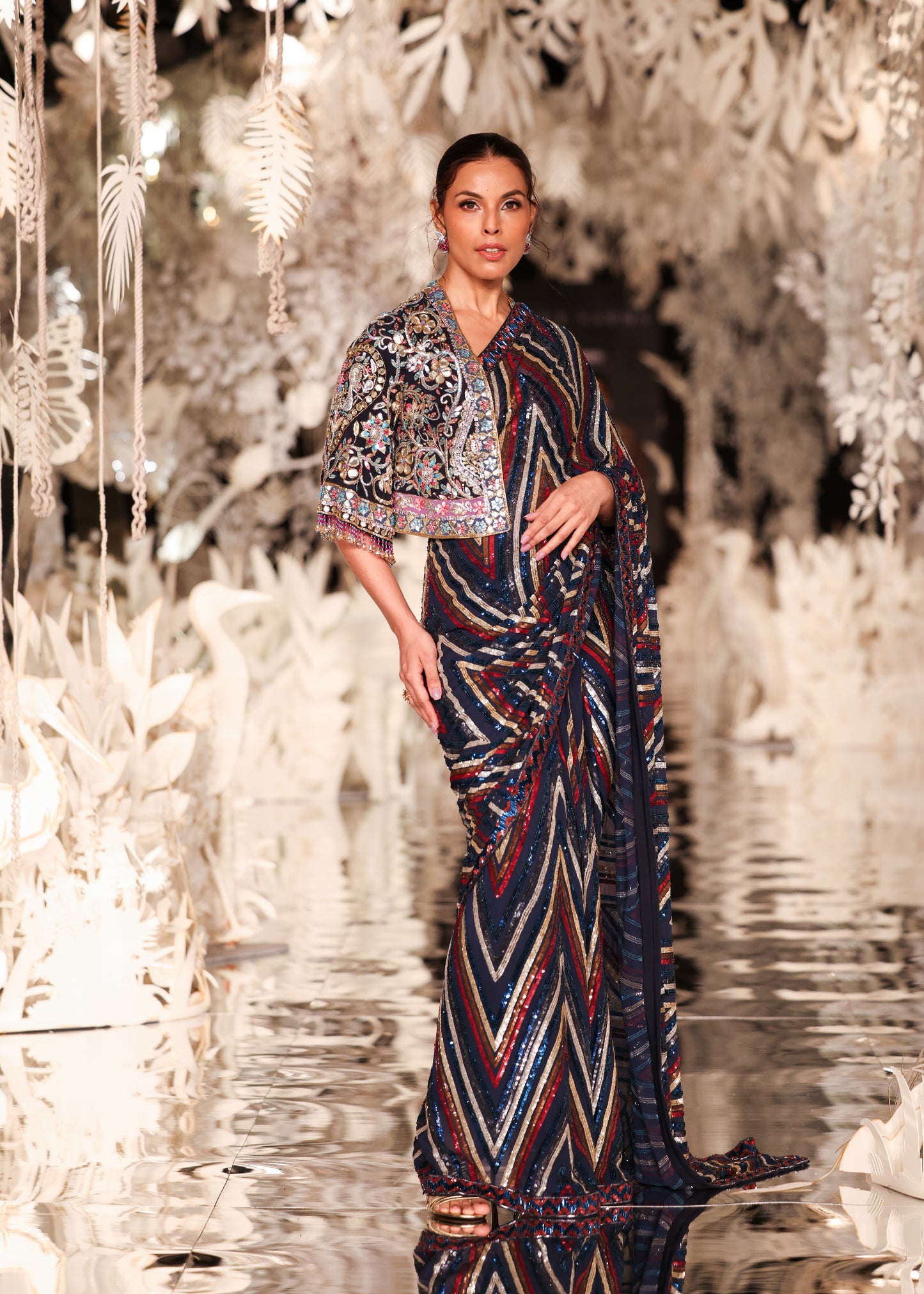 Sequined Striped Saree with Embroidered Cropped Jacket