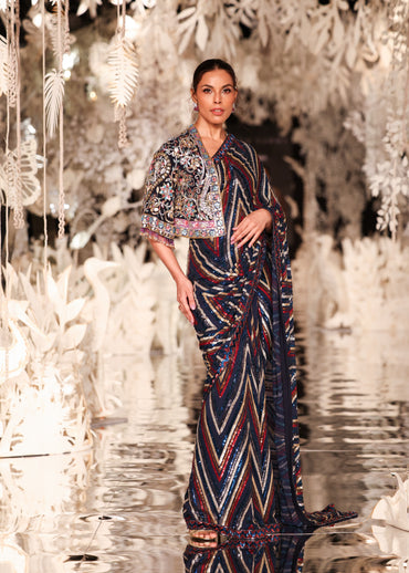 Sequined Striped Saree with Embroidered Cropped Jacket