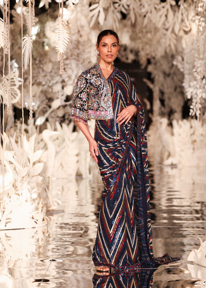 Sequined Striped Saree with Embroidered Cropped Jacket