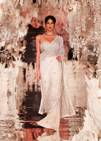 Ivory Beaded Pre-Draped Lehenga-Saree with Embellished Blouse