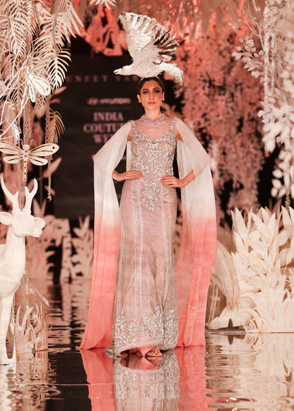 Ombre Cape Gown with Crystal Embellished Bodice