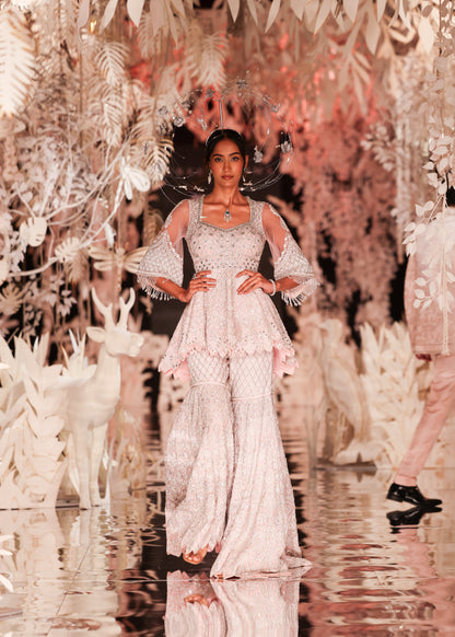 Peplum Kurta with Geometric Embroidery and Flared Skirt