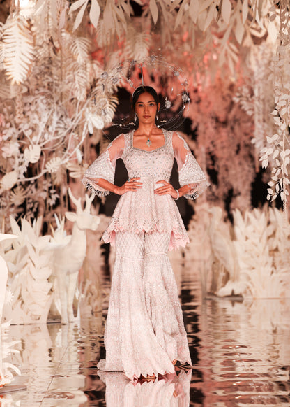 Peplum Kurta with Geometric Embroidery and Flared Skirt