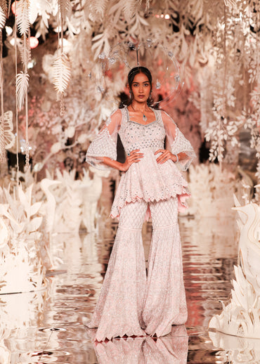 Peplum Kurta with Geometric Embroidery and Flared Skirt