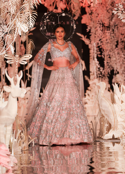 High-Neck Crop Top and Embroidered Lehenga with Beaded Cape