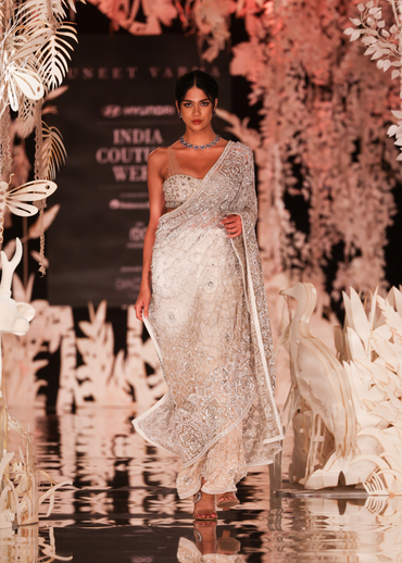 Ivory Beaded Pre-Draped Lehenga-Saree with Embellished Blouse