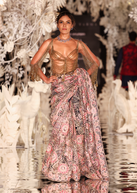 Hand-Embroidered Floral Threadwork Saree (Bejewelled Blouse Not Inclusive)