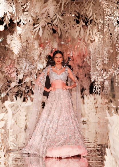 High-Neck Crop Top and Embroidered Lehenga with Beaded Cape