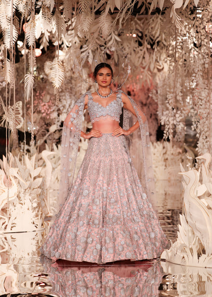 High-Neck Crop Top and Embroidered Lehenga with Beaded Cape