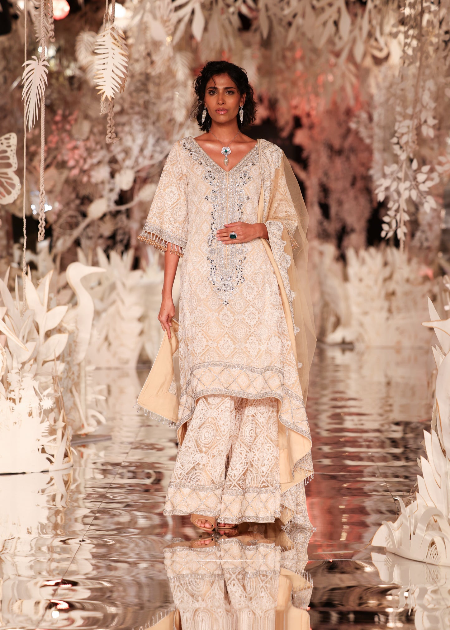 Ivory Floral Kurta and Pyjama Set with Embellished Dupatta