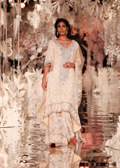 Ivory Floral Kurta and Pyjama Set with Embellished Dupatta
