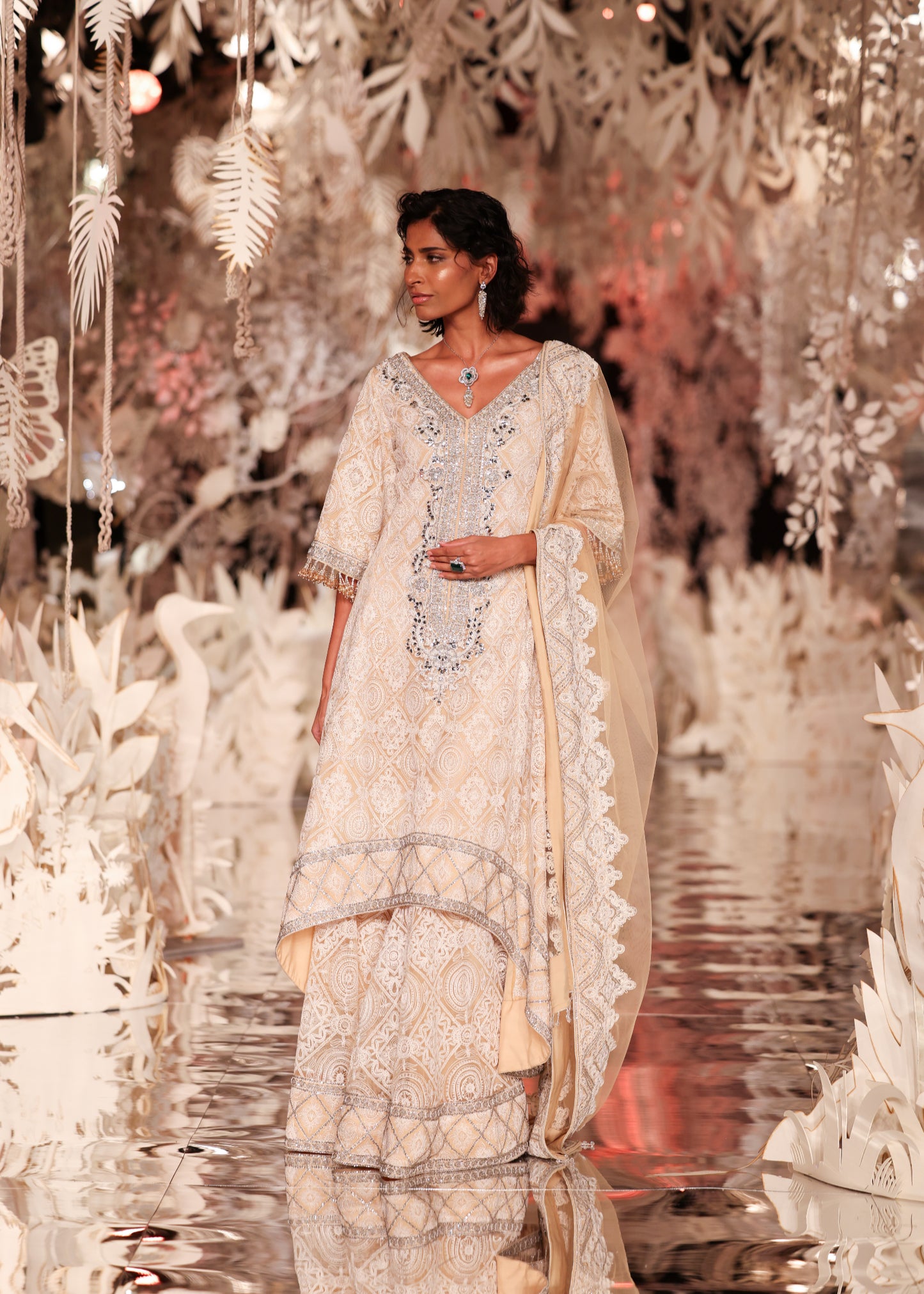 Ivory Floral Kurta and Pyjama Set with Embellished Dupatta