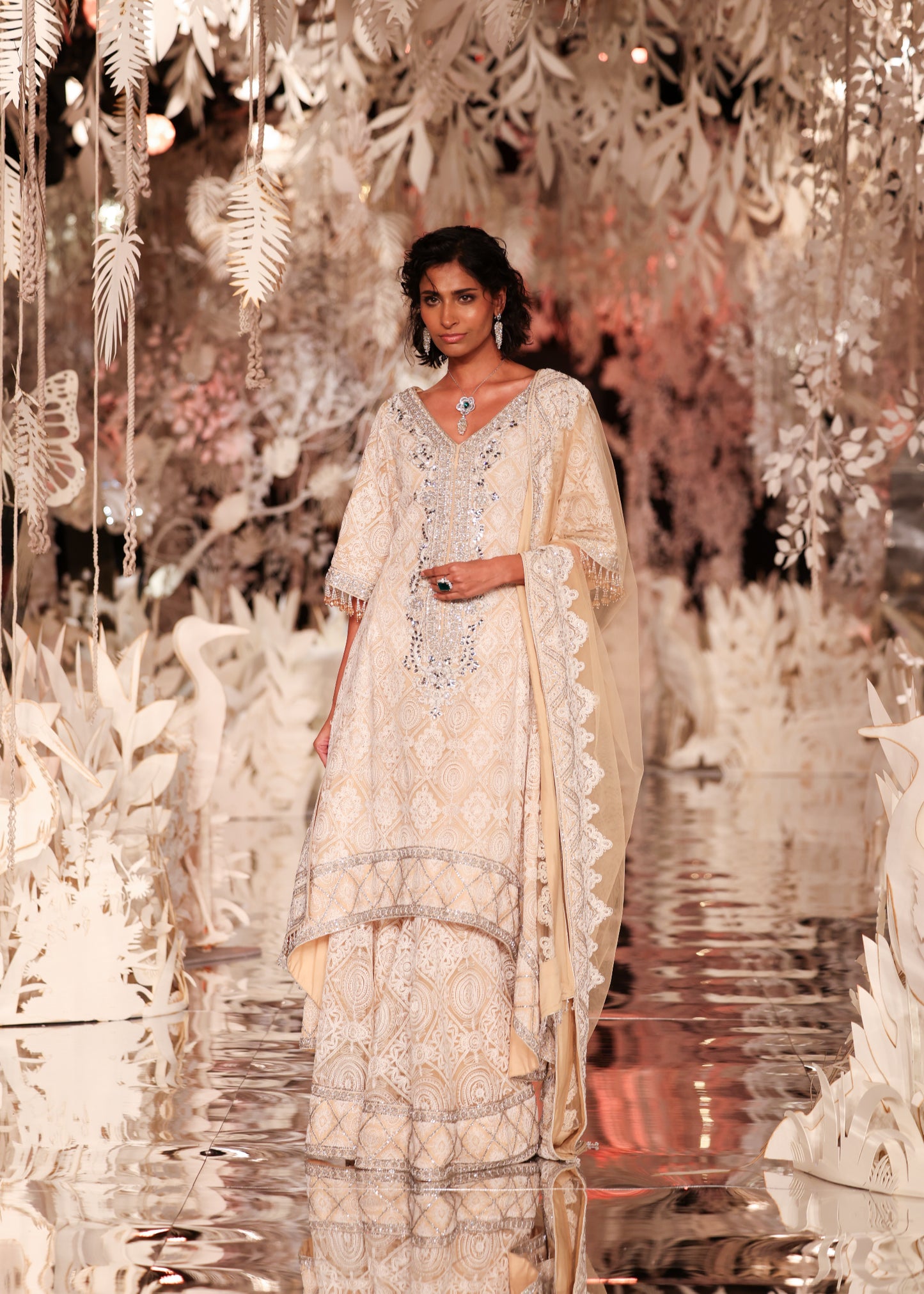 Ivory Floral Kurta and Pyjama Set with Embellished Dupatta
