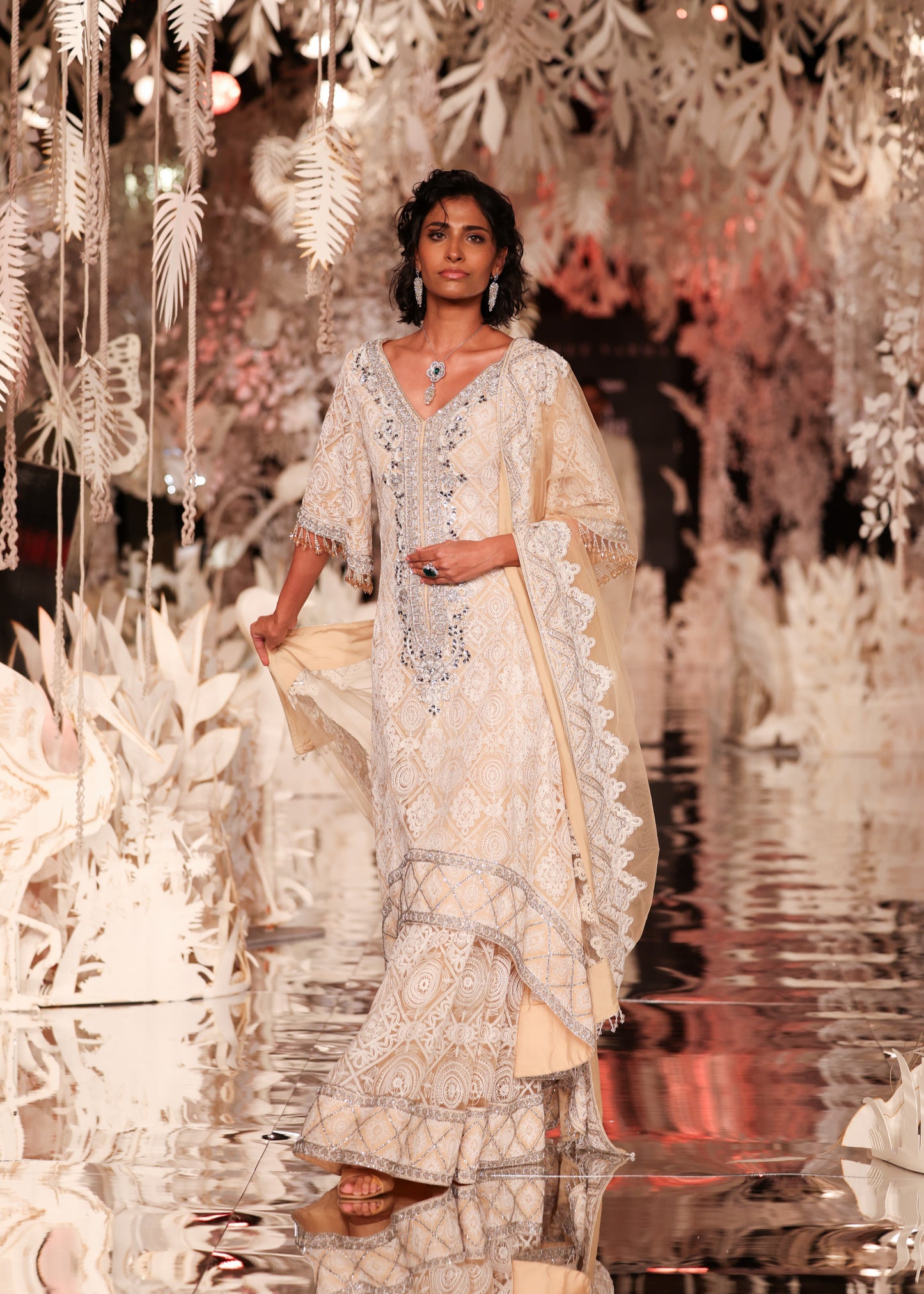 Ivory Floral Kurta and Pyjama Set with Embellished Dupatta