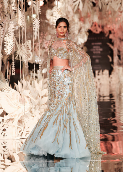 Blue Mermaid Lehenga Set with All-Over Embellishments