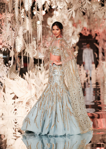 Blue Mermaid Lehenga Set with All-Over Embellishments