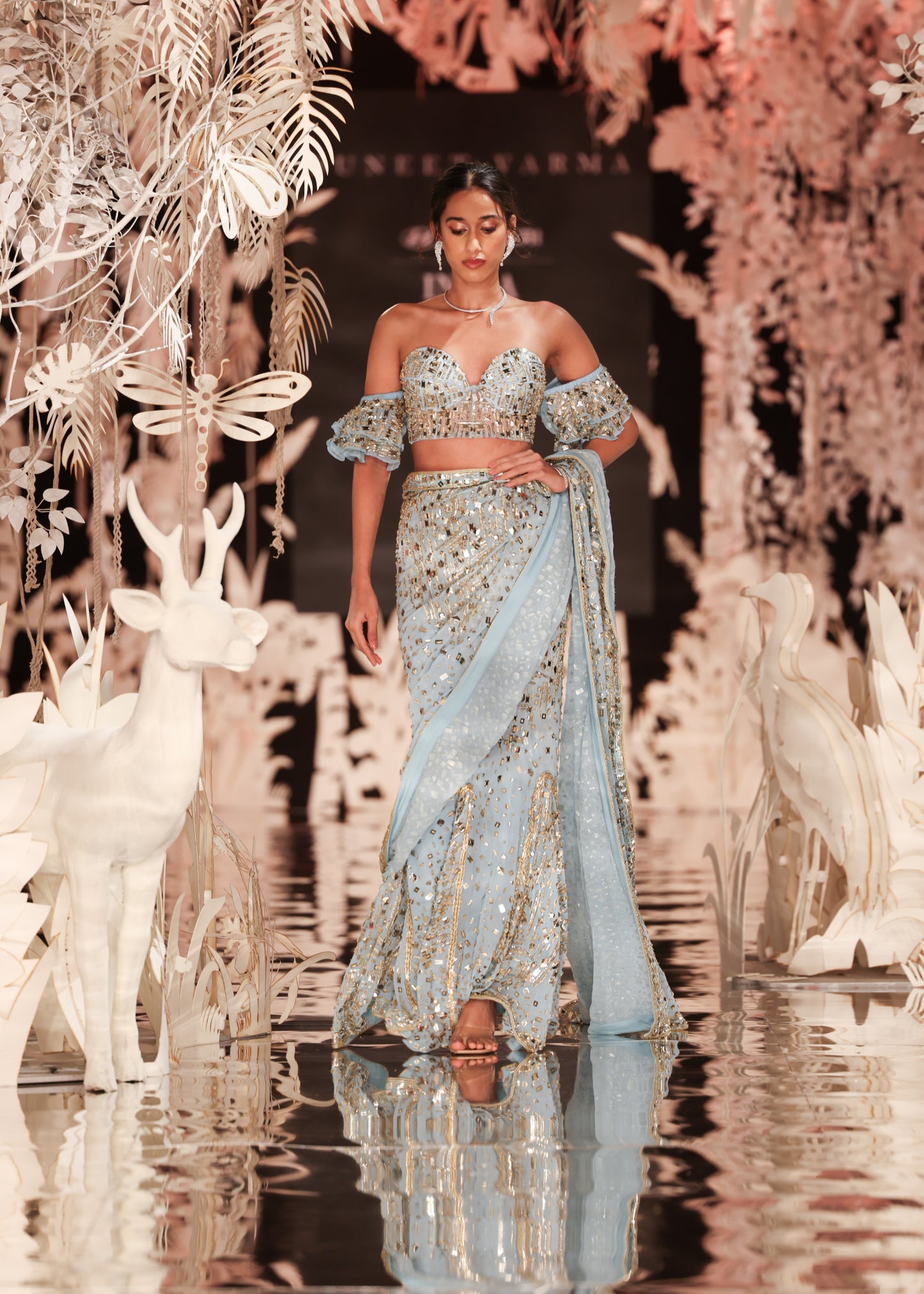 Sky Blue Sequin Pre-Draped Saree with Off-Shoulder Blouse