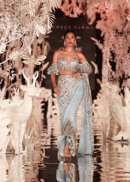 Sky Blue Sequin Pre-Draped Saree with Off-Shoulder Blouse