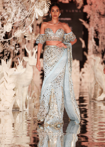 Sky Blue Sequin Pre-Draped Saree with Off-Shoulder Blouse