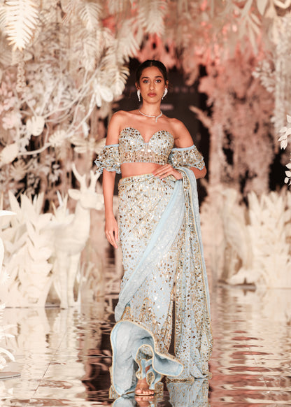 Sky Blue Sequin Pre-Draped Saree with Off-Shoulder Blouse