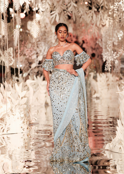 Sky Blue Sequin Pre-Draped Saree with Off-Shoulder Blouse