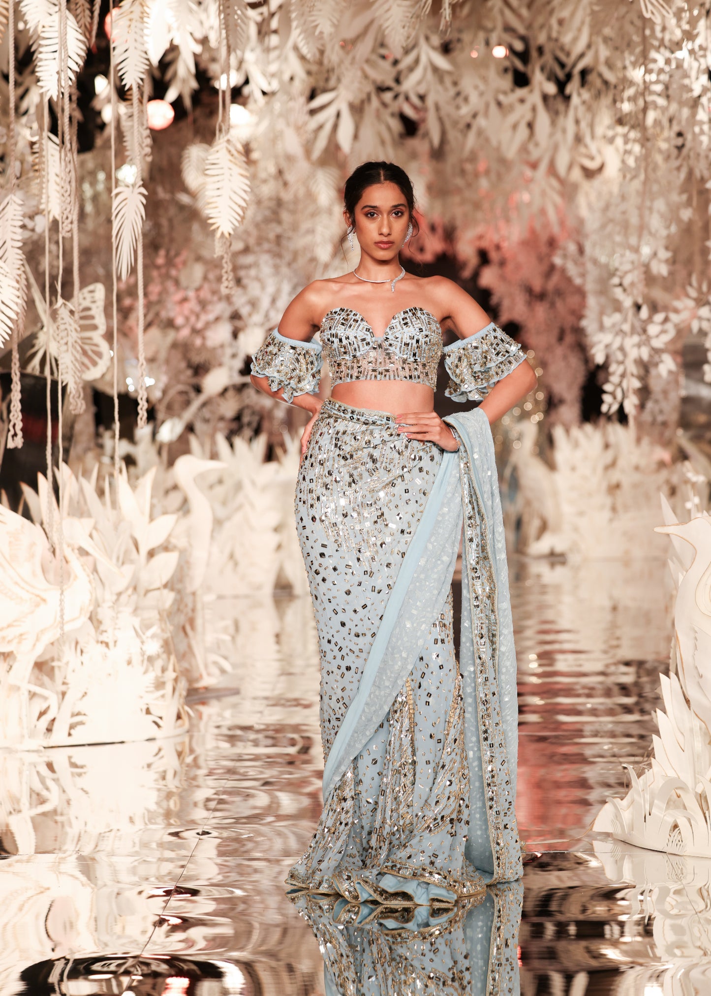 Sky Blue Sequin Pre-Draped Saree with Off-Shoulder Blouse