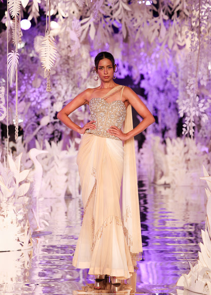 Ivory Drape Saree with Embellished Corset Blouse