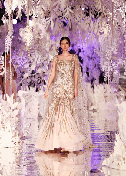 Champagne Gown with Gold Sequin Embellishments