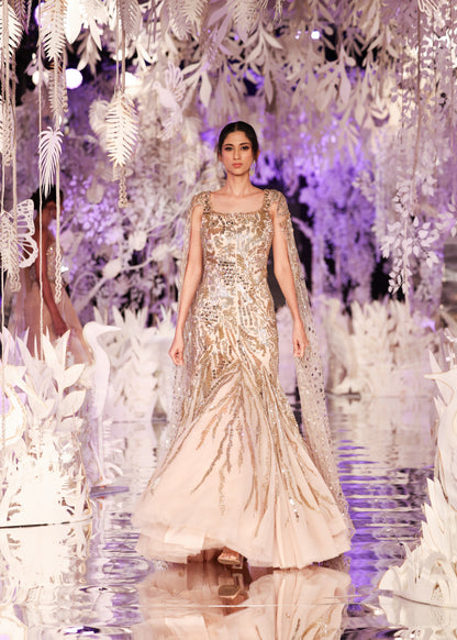 Champagne Gown with Gold Sequin Embellishments