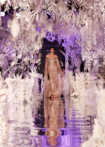 Crystal Embellished Sheath Gown with Cape Sleeves