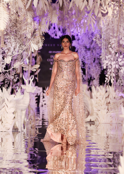 Crystal Embellished Sheath Gown with Cape Sleeves