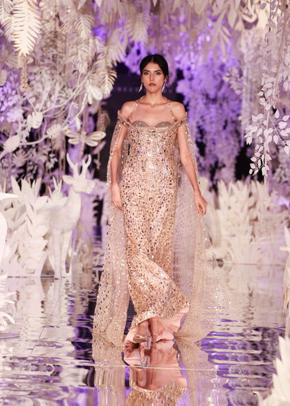 Crystal Embellished Sheath Gown with Cape Sleeves