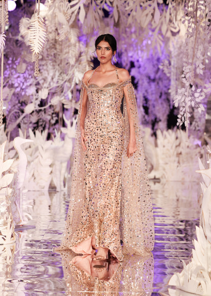 Crystal Embellished Sheath Gown with Cape Sleeves