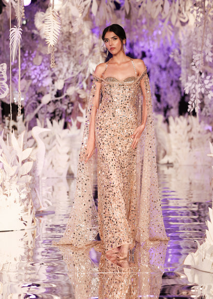Crystal Embellished Sheath Gown with Cape Sleeves